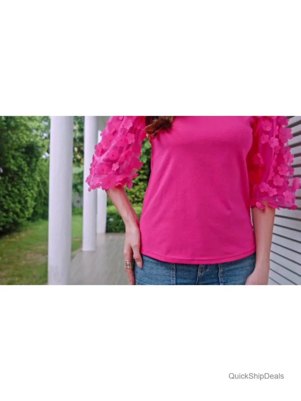 Crew Neck Cotton 3/4 Puff Sleeve Blouse with Mesh Appliques